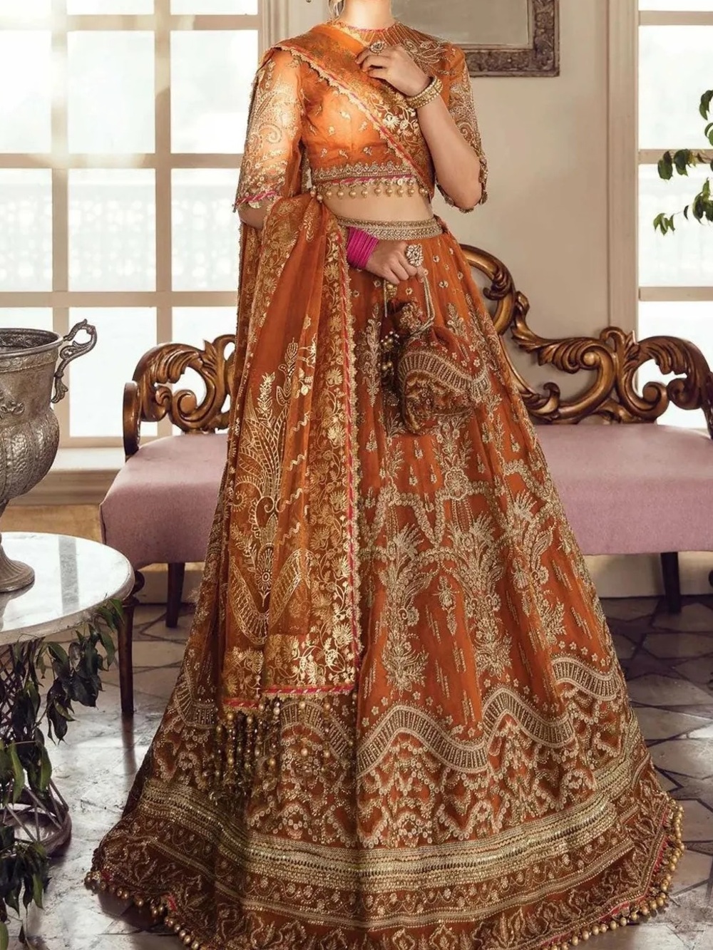 Embroidered Orange Maxi Lehenga Dress with Gold Detailing